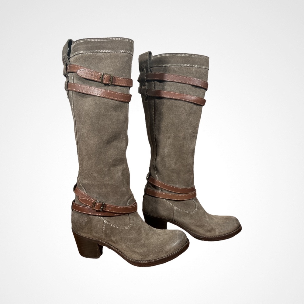 Frye Jane Strappy Suede Heeled Boots Fatigue Gray Brown 6 Style # 3476395